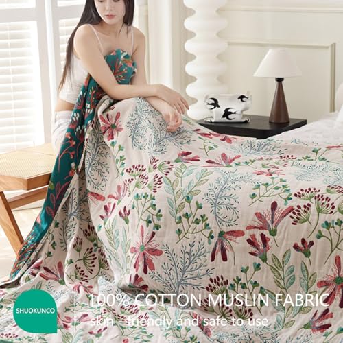 Boho Throw Blanket, 100% Cotton Ultra Soft Luxury Throw Rustic Quilt, Muslin Breathable Soft Bed Throw ，All Throw for Sofa Couch Chair 80x90 Inch - color: Precious Flowers, size: 80x90 Inch