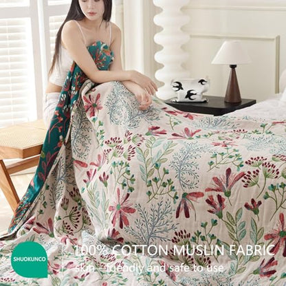 Boho Throw Blanket, 100% Cotton Ultra Soft Luxury Throw Rustic Quilt, Muslin Breathable Soft Bed Throw ，All Throw for Sofa Couch Chair 90x98 Inch - color: Precious Flowers, size: 90x98 Inch