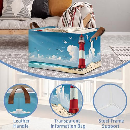 Lighthouse Seagull Storage Baskets,Beach Foldable Organizer Bin with Handles for Home Living Room Bedroom Closet Box 17x11.5x10Inch - color: Lighthouse Seagull Beach