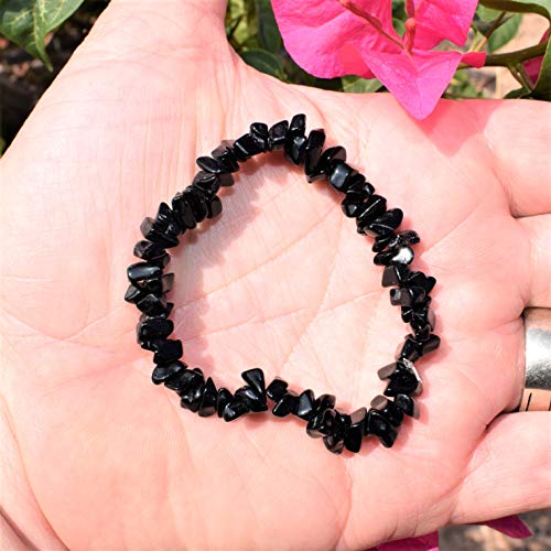 Zenergy Gems Charged Premium Natural Crystal Chip Bead Bracelet + Moroccan Selenite Charging Crystal [Included] - color: Black Onyx
