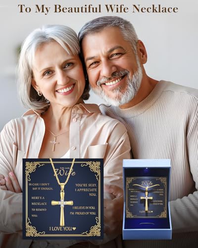 1CT Moissanite Cross Necklace for Women Wife, 18K Gold Filled or Sterling Silver Cross Pendant Chain Jewelry,Anniversary Birthday Gifts for Women Wife Her with LED Light-Up Gift Box and Gift Card - style: Gold-To My Lovely Wife Card