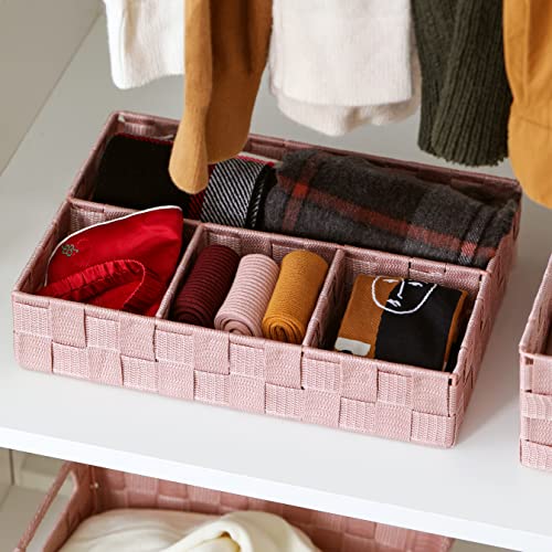 Decorative Woven Strap Divided Basket, Bathroom Storage Bins with Compartment, Bedroom Organization Container with 4 Sections (Pink)