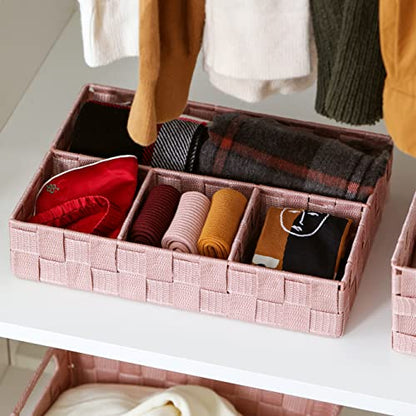 Decorative Woven Strap Divided Basket, Bathroom Storage Bins with Compartment, Bedroom Organization Container with 4 Sections (Pink)