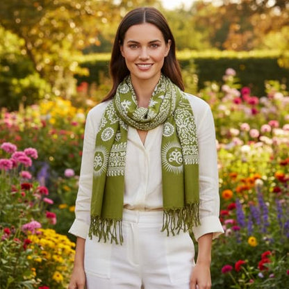Peach Couture Trendy Peace and Love Mantra Print Om Symbol Yoga Prayer Scarf - color: Green/White