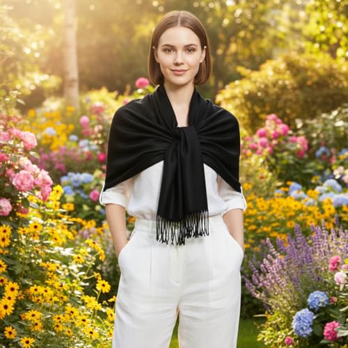 Peach Couture Women’s Pashmina Shawl Wrap – Warm Long Large Scarf for Evening Dress, Bridesmaid, Wedding & Bridal Wear - color: Black
