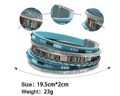 Fesciory Leather Wrap Bracelets for Women, Boho Leopard Multi-Layer Crystal Beads Cuff Bracelet Jewelry - color: Boho Braid(Blue)