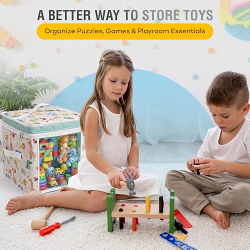 12" Soft Side Zipper Toy Storage Bag, Quilt Pattern Cloth Cube, Reusable, Clear Bag, Playroom, Bedroom & Puzzles Board Game Organizers And Storage Bin, Zoo & Animals Design - color: Zoo