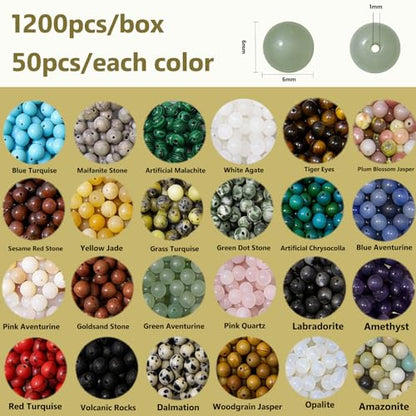 1200pcs 6mm Natural & Synthetic Round Stone Beads Gemstone Beading Loose Gemstone Hole Size 1mm DIY Smooth Beads for Bracelet Necklace Earrings Jewelry Making,Box Packed (24 Material-6mm) - color: 24 Material-6mm, size: 6mm
