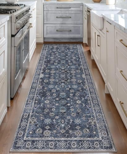 Tangsoo Washable Runner Rug for Hallway Non Slip, 2x7 Navy Blue Rug Floral Vintage Long Runner Rugs for Entryway, Floor Carpets Soft Low Pile Rug Runners for Kitchen Bathroom Laundry Bedroom Boho - color: Distressed Blue Black, size: 2' X 7' (Runner)