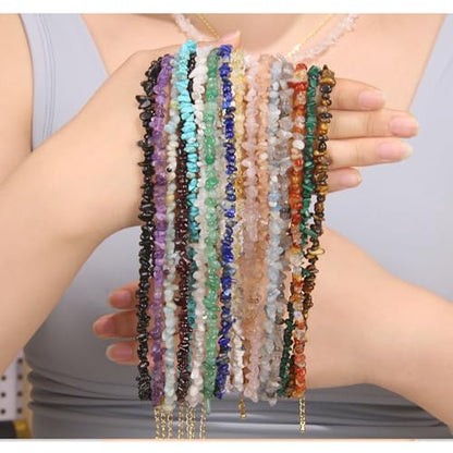2Pcs Crystal Necklace for Women Handmade Choker Necklaces Pendant Necklace Natural Stone Gemstone Beaded Necklace 18k Gold Plated Adjustable Dainty Necklace for Women - color: Labradorite