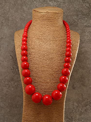 COLORFUL BLING Ethnic Natural Wood Beads Necklace for Men Women Africa Wooden Chain Chunky Strand Necklace Statement Hip Hop Jewelry - color: red 75cm