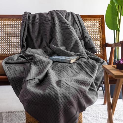 100% Cotton Waffle Blanket, Twin Size 68"x92" – Lightweight All Season Throw Blanket for Couch, Bed & Bedroom, Soft Modern Cozy Cotton Blanket (Charcoal Grey) - color: Charcoal Grey, size: Twin