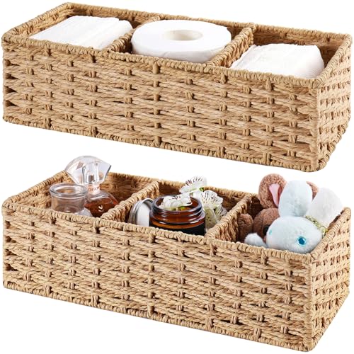 Vagusicc 3-Section Wicker Baskets for Shelves, Hand-Woven Round Paper Rope Wicker Storage Basket, Toilet Paper Basket for Toilet Tank Top, Baskets for Organizing, 2-Pack - color: Paper Rope (Natural), size: 3 Regular Section