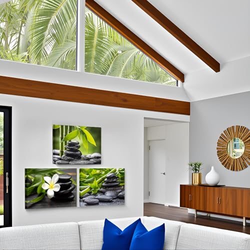 Nachic Wall Zen Pictures Wall Art Still Life Spa Stone Green Bamboo White Frangipani Flower Photo Prints on Canvas Spa Massage Treatment Painting for Bedroom Bathroom Decoration Ready to Hang