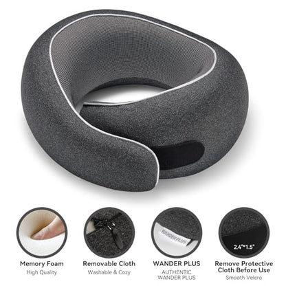 WANDER PLUS® Travel Pillow, 100% Pure Memory Foam Travel Neck Pillow Airplane Neck Support Ergonomic Design Best for Sleeping Plane Car Train Office Flight for Adults Grey