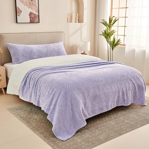 Super Soft Flannel Fleece Throw Blanket, Lightweight Cozy Warm Leaves Textured Plush Blanket for Bed Couch Sofa, 60 x 80 Inches, Lilac - color: Lilac, size: 60x80 IN