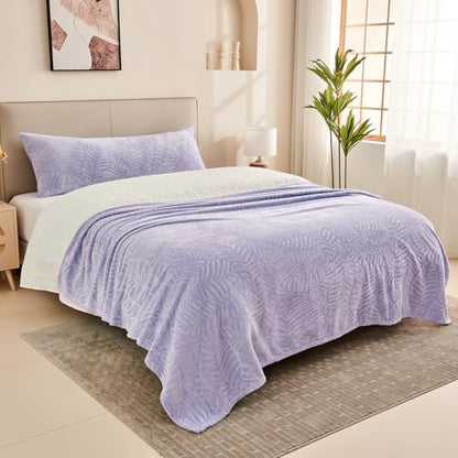 Super Soft Flannel Fleece Throw Blanket, Lightweight Cozy Warm Leaves Textured Plush Blanket for Bed Couch Sofa, 60 x 80 Inches, Lilac - color: Lilac, size: 60x80 IN