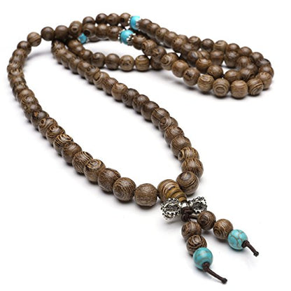 Unisex 108 Natural Wood 6mm 8mm Beads Bracelet Buddhist Rosary Mala Necklace(8mm Sandalwood Duobao)