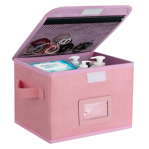 Small Storage Box, Storage Basket with Lid, Foldable Cotton Linen Fabric Keepsake Box, Organizer Container with Zipper for Decorative, Medicine, Greeting Card Organizer. (Pink, 1 Pack) - color: Pink, size: 1 Pack