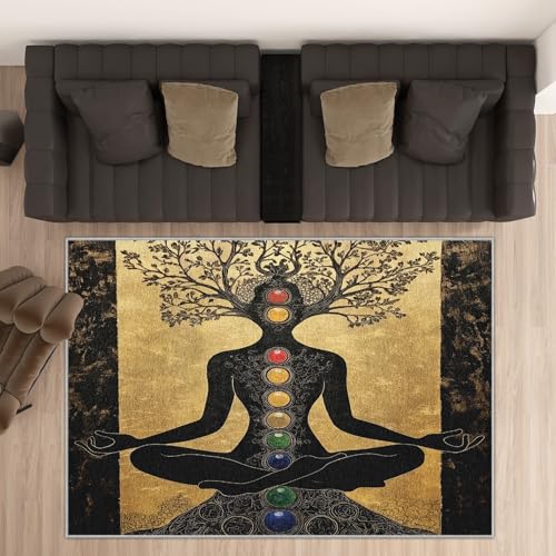 Chakra Yoga Area Rug 2x3 Door Mat, Washable Meditation Vintage Rugs for Entryway, Zen Spiritual Carpet for Indoor Living Room, Soft Low Pile Non-Slip Flannel Small Rug for Home Decor - color: Brown, size: 2' x 3' (Rectangular)