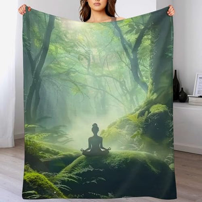 Woman Meditation Jungle Green Ultra Soft Flannel Fleece Bed Blankets Lightweight Cozy Throw Blanket Room Decor for Couch Chair Bedroom Adults Bedding Cozy Blanket Outdoor Travel Blankets 60"x8 - size: 80L" x 60W"