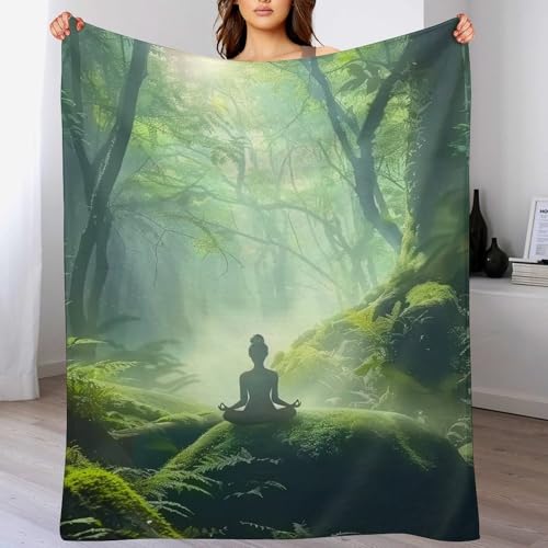 Woman Meditation Jungle Green Ultra Soft Flannel Fleece Bed Blankets Lightweight Cozy Throw Blanket Room Decor for Couch Chair Bedroom Adults Bedding Cozy Blanket Outdoor Travel Blankets 60"x8 - size: 80L" x 60W"