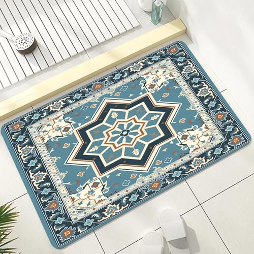 Bohemian Bath Mat, Vintage Boho Bathroom Rug, Blue Geometric Floral Bath Rugs, Intricate Islamic Print Rug for Bathroom, Non Slip Floor Mat, Bathmat Absorbent & Washable & Quick Dry, 30x48 inch - color: Blue1, size: 30x48 inch