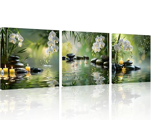 TutuBeer 3 Pcs Canvas Zen Wall Art Zen Wall Art for Bathroom Bamboo Spa Stone White Flower in Water Picture Print on Canvas Spa Art for Walls for Home Decor Wall Decor Stretched and Framed 12x12inch - color: Green Zen 4, size: 12x12inchx3