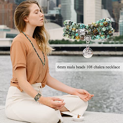 Bivei 108 Mala Beads Necklace Long Beaded Wrap Bracelets Genuine Gemstone Mala Prayer Beads Lotus Buddha Charm Yoga Meditation Necklace - color: African Turquoise-Lotus OM-Buddha