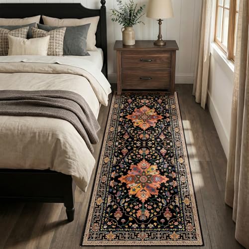 RELEANY Area Rugs Runner 2'x6' Washable Non-Slip, Floral Vintage Distress Medallion Carpet for Kitchen Hallway Bedroom Beside Laundry Room Bathroom, Black Colorful Floral Dark Tan - color: Black/Colorful, size: 2' X 6' (Runner)