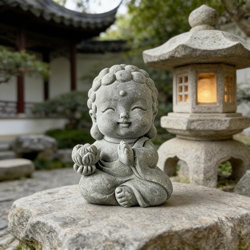 Stone Buddha Monk Statue, Mini Zen Garden Figurine for Desk Tabletop Decor, Small Meditating Sculpture for Landscape Rockery, Aquarium Ornament, Patio Yard Lawn Decorative Gift(Lotus)