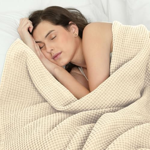 Waffle Blanket Queen Size Bed, 100% Cotton Soft Lightweight Breathable Summer Blanket, Waffle Weave Queen Size Bed Blanket: Beige (90"x90") - color: Beige, size: Queen (90" x 90")
