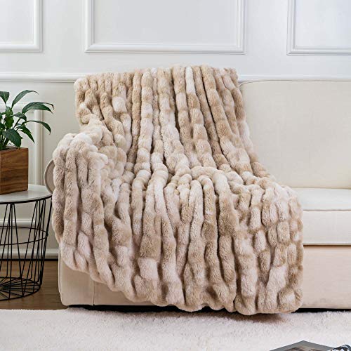 BATTILO HOME Ruched Luxury Faux Fur Throw Blanket Beige Tie-dye Rabbit Fur Blanket for Couch, Living Room, Fuzzy, Soft, Plush, Cozy, Elegant with Reversible Mink Blanket Beige, 60"x80" - color: Beige, size: 60"x80"