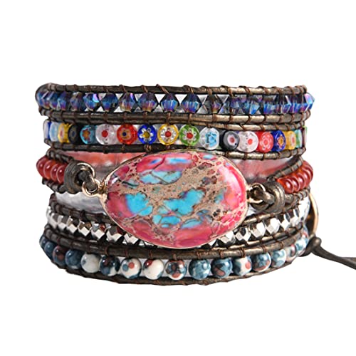 YGLINE Boho Handmade Natural Stone Wrap Bracelets Jasper Crystal Beads Bracelet Jewelry - color: jasper 2-5 wrap