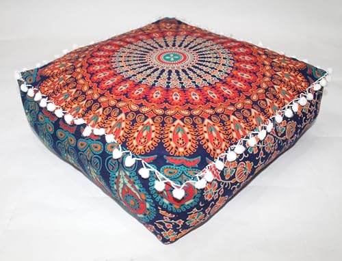 CRAFT KALA Large Hippie Mandala Meditation Floor Ottoman Pillow Cushion Pouf Cover Square Poufs Bohemian Circle Floor Cushion Case Outdoor Fireplace Yoga Living Room Decor Cover Orange, 16" Square - color: Orange, size: 16"D x 16"W x 5"H