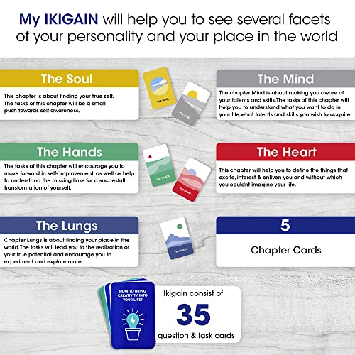 Ikigai Self-Discovery Cards — 35 Question & Task Cards Built Around the 5-Chapter Method | Find Your Passion, Purpose & Reason for Living | Japanese Mindfulness Gift for Men & Women