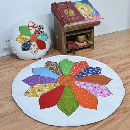 Handmade Round Area Rug with Zafu Cushion, Quilted Cotton Floral Meditation Rug, 27.5–59.1 Inch Zen Floor Rug for Yoga, Meditation & Home Decor (White, 59.1 inch) - color: White, size: 59.1 inch
