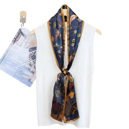 ANDANTINO 100% Silk Scarf for Women 59”*6.3” Long Shawls for Headscarf and Neck- Oblong Hair Wraps with Gift Packed - color: Navy-flower&birds