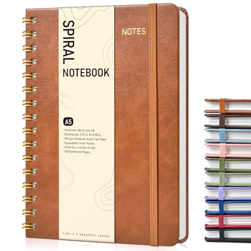 Dotted Spiral Journal Notebook, A5 Hardcover Spiral Journals for Women Men, 100 GSM Dot Grid Paper Notebooks, 150 Pages Spiral Bullet Dotted Notebook for Writing Note Taking 5.75" x 8.38", Brown - color: Brown, size: Dotted