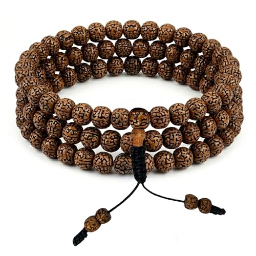 Agan Traders 108 Mala Prayer Beads Necklace for Men & Women – Tibetan Buddhist Prayer Beads Wrist Mala - Handmade Yak Bone Japa Mala Beads for Meditation, Yoga & Healing - color: Rudraksha Dark - 8mm