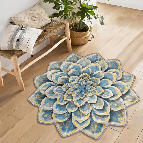 Blue Lotus Shape Rug Plush Soft Flower Carpet Nonslip Machine Washable Accent Mat for Kitchen Bathroom Bedroom Entryway Floral Home Decor 5x5 ft - color: Blue, size: 4'11" x 4'11" (Irregular)