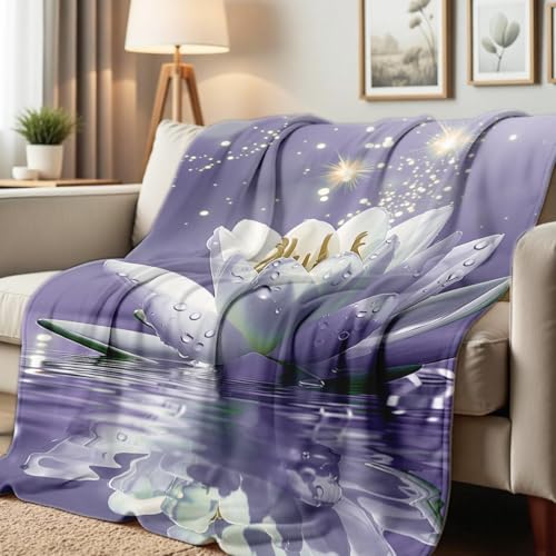 Lotus Flower on Water Print Blanket White Floral Throw Blanket Zen Flannel Throw for Couch Bed Office Yoga Room Meditation Spa Decor Gifts (59"x78") - color: Purple, size: 59"x78"