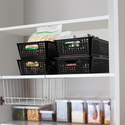 Tiawudi Stackable Woven Plastic Basket, Storage Bins for Cabinet, Closet, Shelf, Under Sink and Countertop, Pantry Organizer Bins, 6 Pack - color: Black