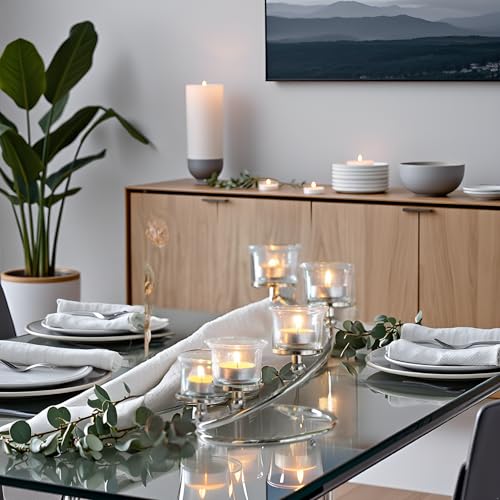 1Pc Silver 5-arm Metal & Glass Tea Light Candle Holders for Table Centerpiece, Glass Votive Tealight Holders/Candelabra Candlestick Holders for Wedding,Party, Anniversary,Christmas - color: Silver