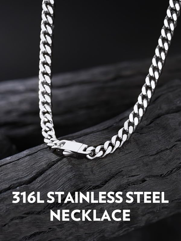 Bandmax Mens Stainless Steel Chain Necklaces 5MM/7MM/9MM/12MM Chunky Miami Cuban Link Chain Necklace Silver/Gold Plated/Black Chains for Men 18"-30" - color: 01 5MM-Silver Tone, size: 18 Inch (46cm, Choker Style)