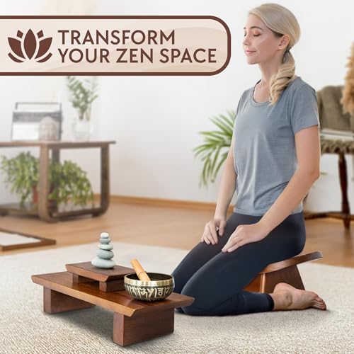 Meditation Altar Table and Meditation Ergonomic Kneeling Bench Bundle - Made of Strong and Durable Mango Wood
