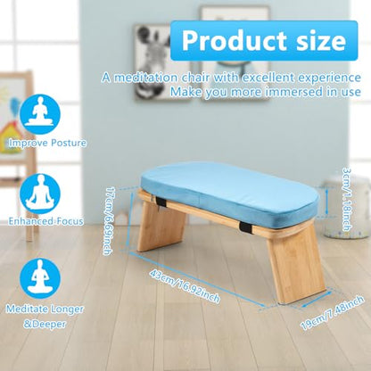 Prayer Bench, Foldable Bamboo Yoga Bench with Cushion and Carry Bag, Ergonomic Kneeling Stool for Indoor and Outdoor Sitting Thinking(Blue) - color: Blue