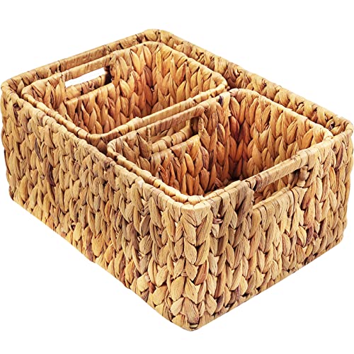 HOONEX Water Hyacinth Storage Baskets, Wicker Baskets for Storage, Hand Woven Baskets with Carry Handles, Set of 3, Natural - color: Natural (Water Hyacinth), size: 17"D x 12.2"W x 7.5"H