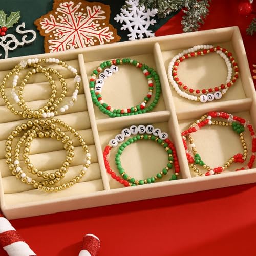 16 PCS Gold Bead Pearl Bracelet for Women, Gold Plated Beaded Strand Bead Ball Bracelets stack Adjustable Jewelry Set for Gifts - color: 04-GOLD