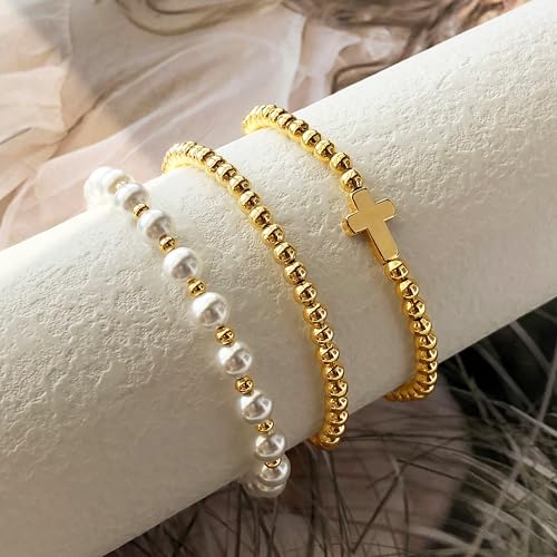 Zeffy Gold Pearl Beaded Bracelet for Women, 14K Gold Plated Jewelry Set With Paperclip Link Chain, Trendy Stack Bracelets - style: 3PCS Pearl Cross Beaded Bracelets